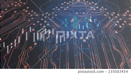 Showing circuit traces on data visualization, with bar chart, glowing nodes and red line graph 135083454