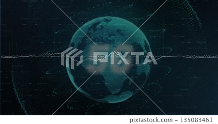 Spinning teal wireframe globe showing continents in data interface, with data waveform, grid lines Spinning teal wireframe globe showing continents in data interface, with data waveform, grid lines 135083461