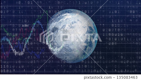 Displaying transparent Earth globe over dark grid background, with binary digits, financial charts Displaying transparent Earth globe over dark grid background, with binary digits, financial charts 135083463