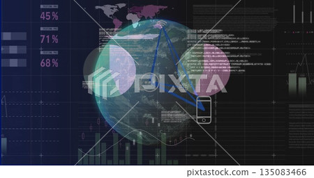 Displaying 3D digital globe rotating on virtual dashboard, with smartphone icon and code blocks 135083466