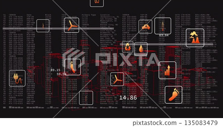 Displaying interface running data flows on dashboard, with orange icons, red lines, numeric labels 135083479
