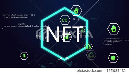 Displaying neon-green hexagon featuring NFT text on virtual interface, with metrics icons and code Displaying neon-green hexagon featuring NFT text on virtual interface, with metrics icons and code 135083481