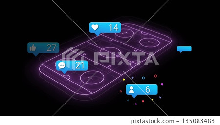 Glowing neon purple wireframe sports rink floating on black with blue notification icons, confetti Glowing neon purple wireframe sports rink floating on black with blue notification icons, confetti 135083483