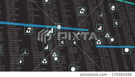 Showing green euro recycling icons with bright blue line weaving across dashboard and data columns 135083486