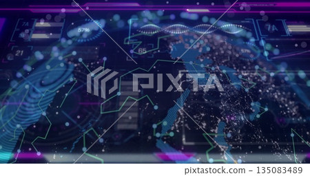 Projecting data overlays on central holographic globe in dashboard, with fingerprint and helix 135083489