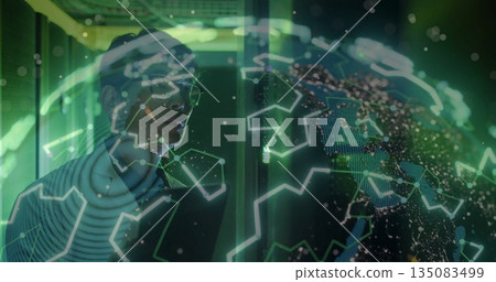 Studying holographic globe, Korean man in sweater operating in lab, with particles, copy space Studying holographic globe, Korean man in sweater operating in lab, with particles, copy space 135083499