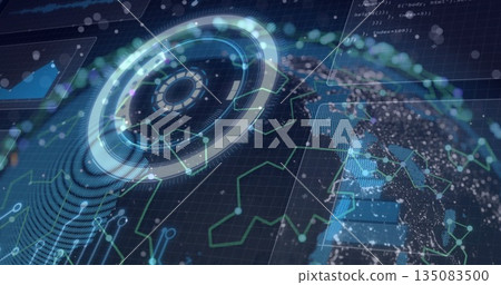 holographic ring spinning in control center, with network data nodes, UI code panels, 3D Earth mesh holographic ring spinning in control center, with network data nodes, UI code panels, 3D Earth mesh 135083500