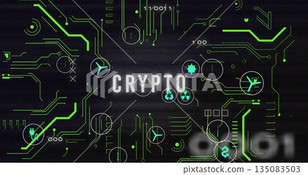 Displaying CRYPTO letters glowing on dark interface, highlighting green circuit traces and icons Displaying CRYPTO letters glowing on dark interface, highlighting green circuit traces and icons 135083503