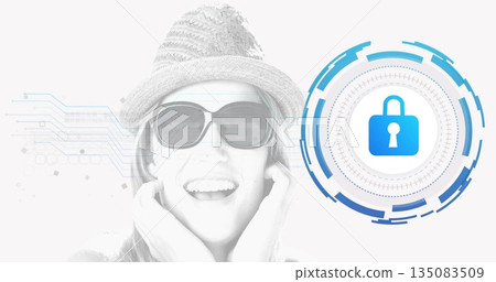 Smiling woman wearing sunhat sunglasses linking to padlock icon circuit on white Smiling woman wearing sunhat sunglasses linking to padlock icon circuit on white 135083509