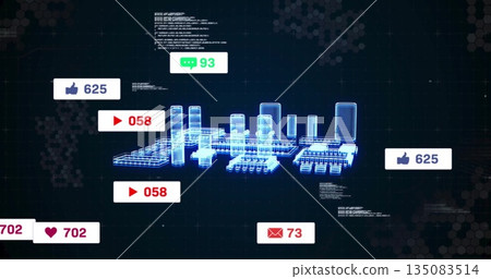 Displaying holographic 3D model glowing in virtual data interface, with thumbs up and play counters 135083514