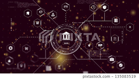 Displaying central bank icon linking finance icons on purple digital canvas, with glowing particles Displaying central bank icon linking finance icons on purple digital canvas, with glowing particles 135083519