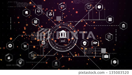Showing central bank icon connecting finance and tech icons on virtual digital network interface 135083520