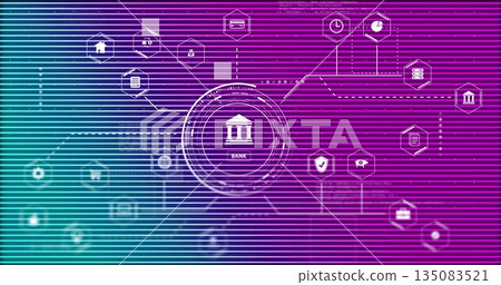 Displaying central bank icon linking to credit card, padlock and server nodes on gradient interface Displaying central bank icon linking to credit card, padlock and server nodes on gradient interface 135083521