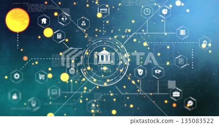 Displaying circular banking interface linking hexagonal icons on teal network, with building icon Displaying circular banking interface linking hexagonal icons on teal network, with building icon 135083522