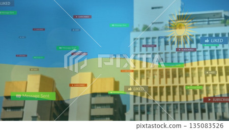 Displaying multi-story buildings on city street with blue-yellow wave overlay and social-media lab Displaying multi-story buildings on city street with blue-yellow wave overlay and social-media lab 135083526