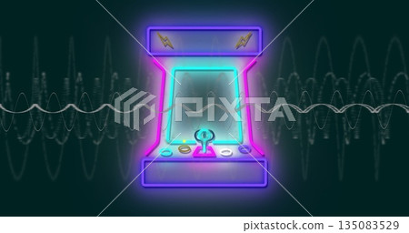 Glowing neon-lit arcade cabinet with joystick controls pulsating on teal backdrop, with waveforms Glowing neon-lit arcade cabinet with joystick controls pulsating on teal backdrop, with waveforms 135083529