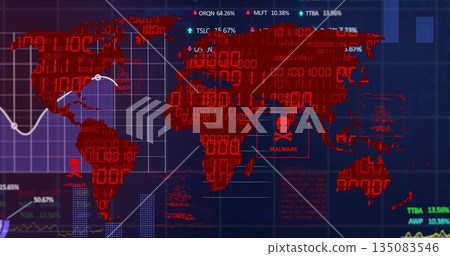 Displaying dashboard showing red binary world map with percent labels on screen, with malware icon 135083546