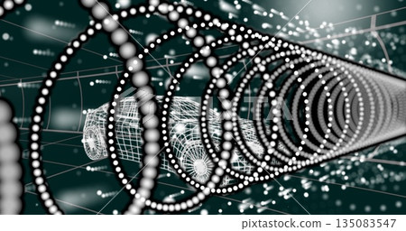 Gliding wireframe car traveling through green digital tunnel with glowing rings and light particles 135083547