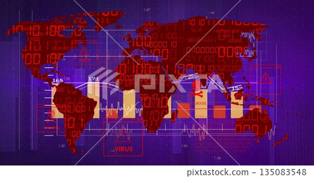 Displaying red world map on purple grid dashboard, with binary waveforms, virus malware icons 135083548