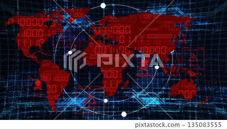 Showing red world map on screen, with binary overlay, network nodes and skull-and-crossbones icons 135083555