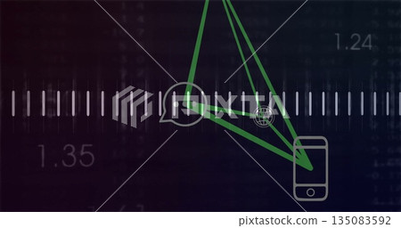 Displaying smartphone icon linking chat and globe via green lines on digital interface, copy space Displaying smartphone icon linking chat and globe via green lines on digital interface, copy space 135083592