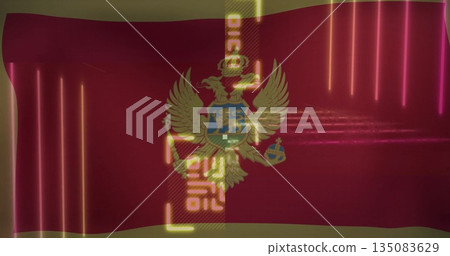 Red Montenegrin flag with eagle, blue shield crest waving in studio, with neon bars, glowing frame 135083629