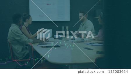 Gesturing woman guiding discussion around conference table in meeting room, with laptops, reports Gesturing woman guiding discussion around conference table in meeting room, with laptops, reports 135083634