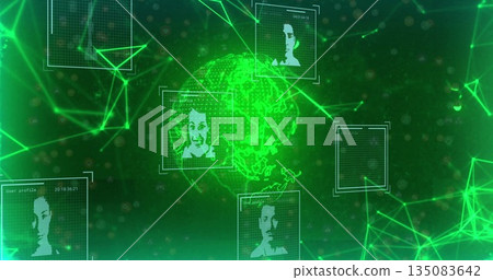 Displaying glowing wireframe Earth globe in cyberspace, with neon-green network lines, data frames 135083642