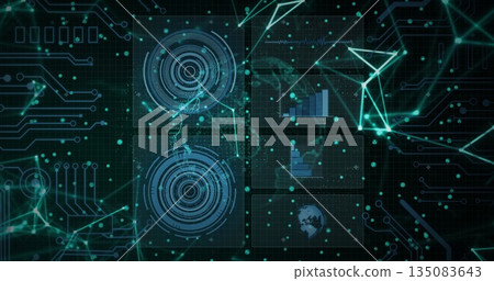 Displaying five data panels in virtual control panel, with glowing network nodes and circuit traces 135083643