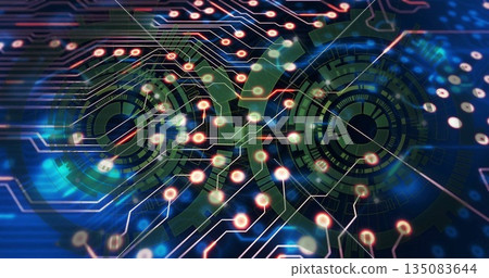 Showing concentric UI elements with segmented rings in digital interface with glowing circuitry Showing concentric UI elements with segmented rings in digital interface with glowing circuitry 135083644