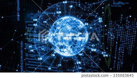 Floating digital globe representing data network in grid, with numeric overlays and light trails Floating digital globe representing data network in grid, with numeric overlays and light trails 135083645