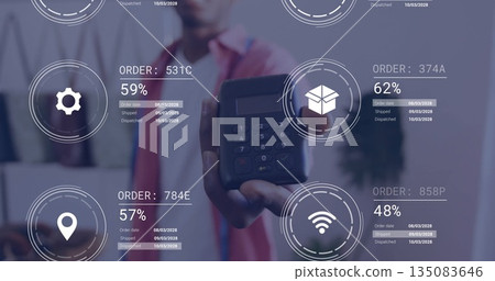 Presenting male associate in pink shirt extending handheld card reader at checkout with digital HUD 135083646