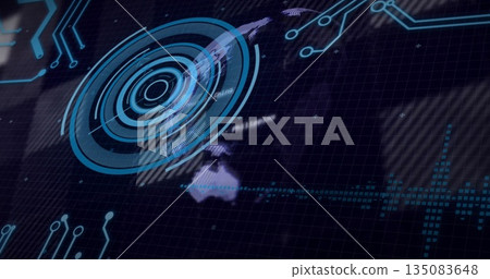Displaying blue concentric HUD overlaying world map and circuit traces, on dark grid interface 135083648