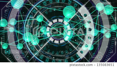 Displaying central circular hub projecting data in virtual cyberspace, with light beams and spheres 135083651