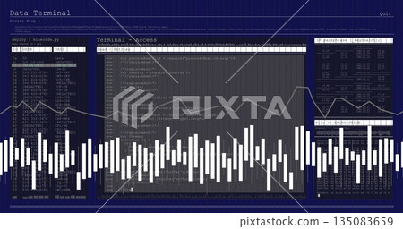 Displaying waveform overlay analyzing data in console, with login terminal and code windows 135083659