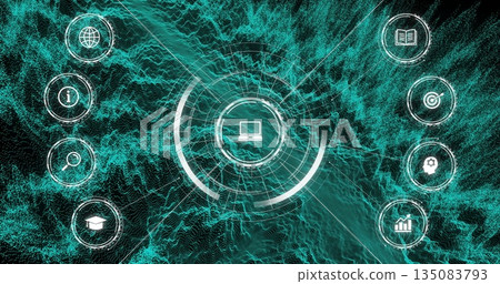 Displaying laptop interface glowing inside rings over teal waveforms in network, with eight icons Displaying laptop interface glowing inside rings over teal waveforms in network, with eight icons 135083793
