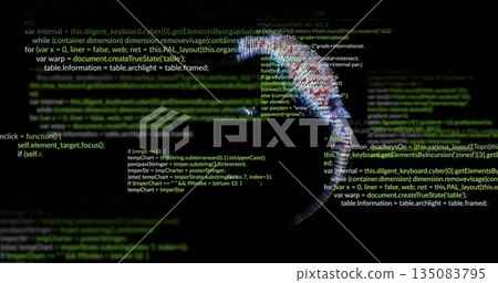 Displaying JavaScript UI showing highlighted code lines and 3D wireframe head on screen, copy space Displaying JavaScript UI showing highlighted code lines and 3D wireframe head on screen, copy space 135083795