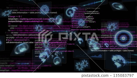 Displaying floating code lines with panels and icons in UI with rotating globe and connection lines 135083797
