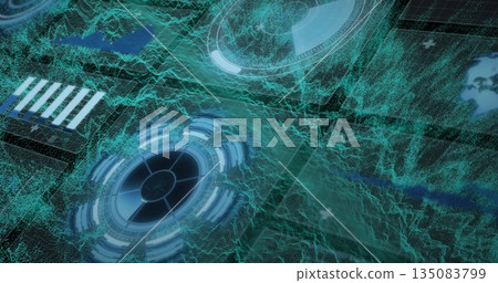 Displaying teal wireframe mesh in cyberspace, with circular HUD interfaces and data panels Displaying teal wireframe mesh in cyberspace, with circular HUD interfaces and data panels 135083799