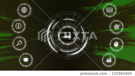 Displaying circular user interface hub glowing on futuristic screen, with laptop icon and 8 icons 135083804