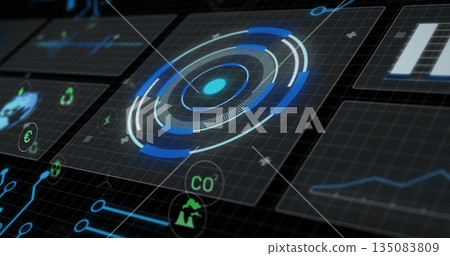 Displaying circular radar chart on grid showing data panels and CO? recycling euro factory icons 135083809