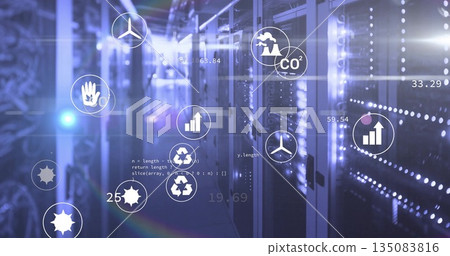 Glowing server network cabinets flashing LED lights in datacenter, with eco icons, code fragments Glowing server network cabinets flashing LED lights in datacenter, with eco icons, code fragments 135083816