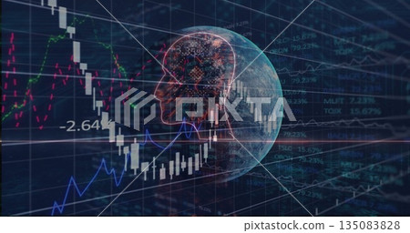 Rotating globe with neural circuit head over trading interface, with candlesticks and trend lines 135083828