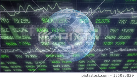 Hovering semi-transparent Earth globe on grid interface, with scrolling stock tickers, line graphs 135083829