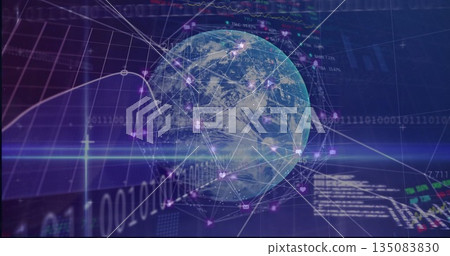 Displaying globe in digital space with network lines, nodes, financial charts and binary code 135083830