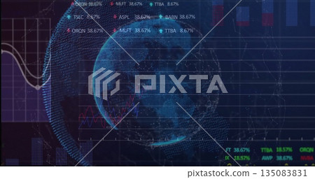 Displaying holographic globe rotating on dashboard, showcasing hexagon mesh, bars, stock tickers 135083831