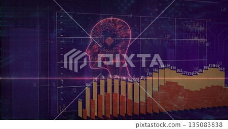 Displaying neon red wireframe head hovering on 3D grid, multicolored bar chart with numeric labels 135083838