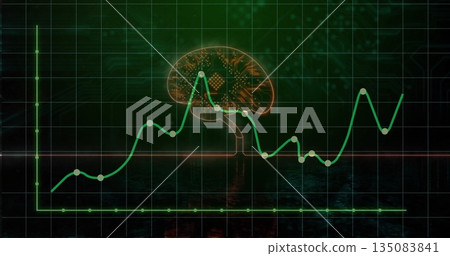 Floating glowing brain circuit above neon graph with data nodes, on digital grid Floating glowing brain circuit above neon graph with data nodes, on digital grid 135083841