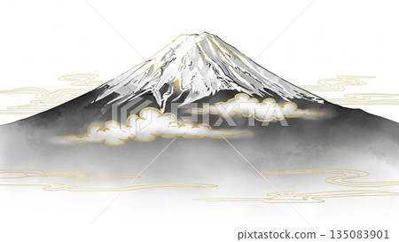 Beautiful view of Mount Fuji, a symbol of Japan, covered in snow with clouds flowing in a Japanese style illustration Beautiful view of Mount Fuji, a symbol of Japan, covered in snow with clouds flowing in a Japanese style illustration 135083901