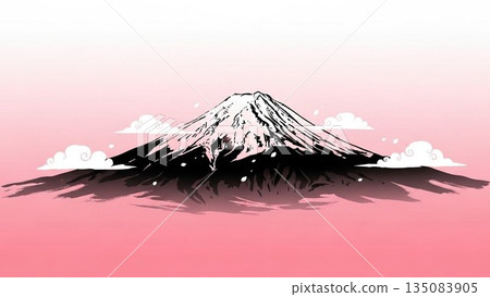 Beautiful view of Mount Fuji, a symbol of Japan, covered in snow with clouds flowing in a Japanese style illustration 135083905